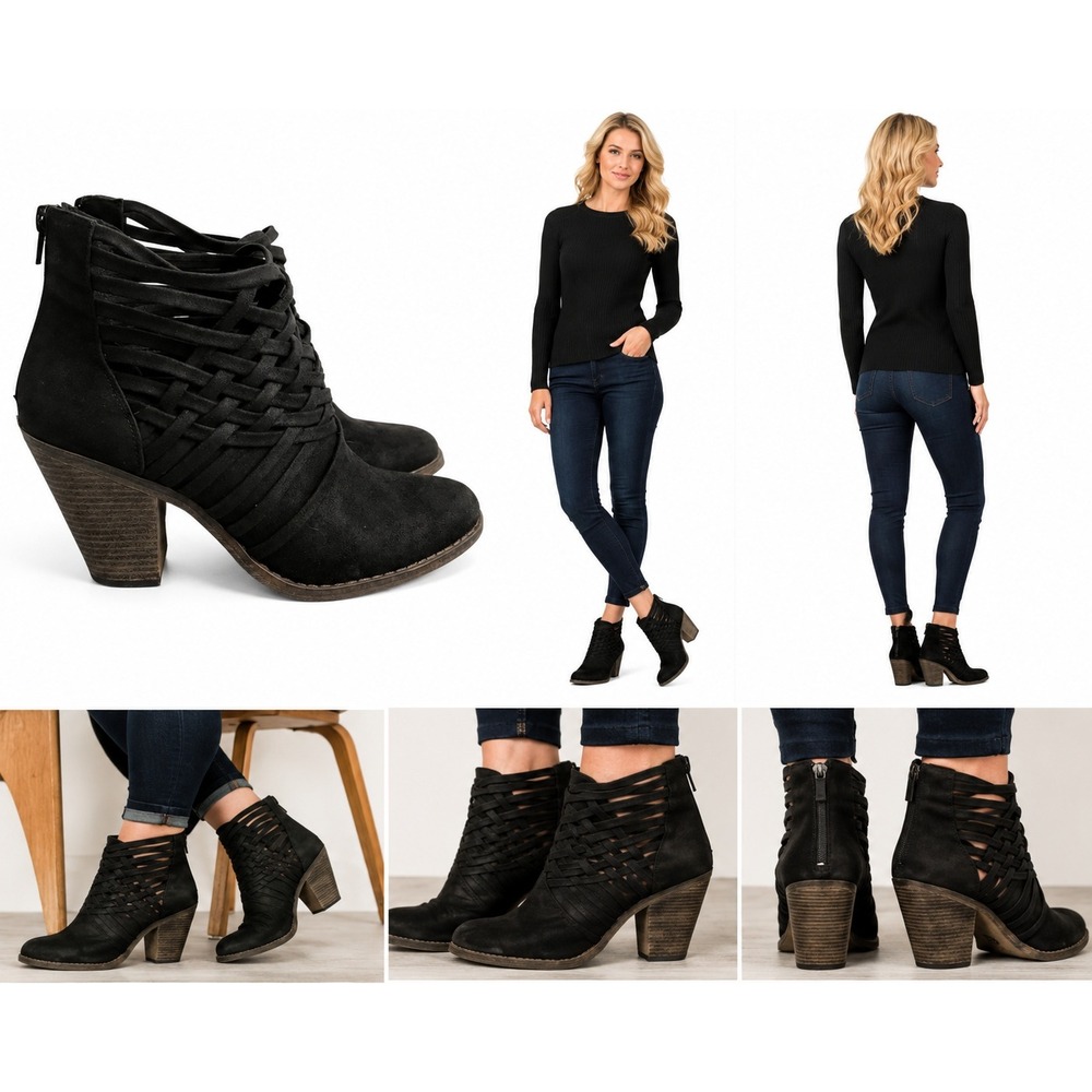 Fergalicious Booties Womens 9 Black‎ Woven Strappy Cage Block Heel Ankle Boots